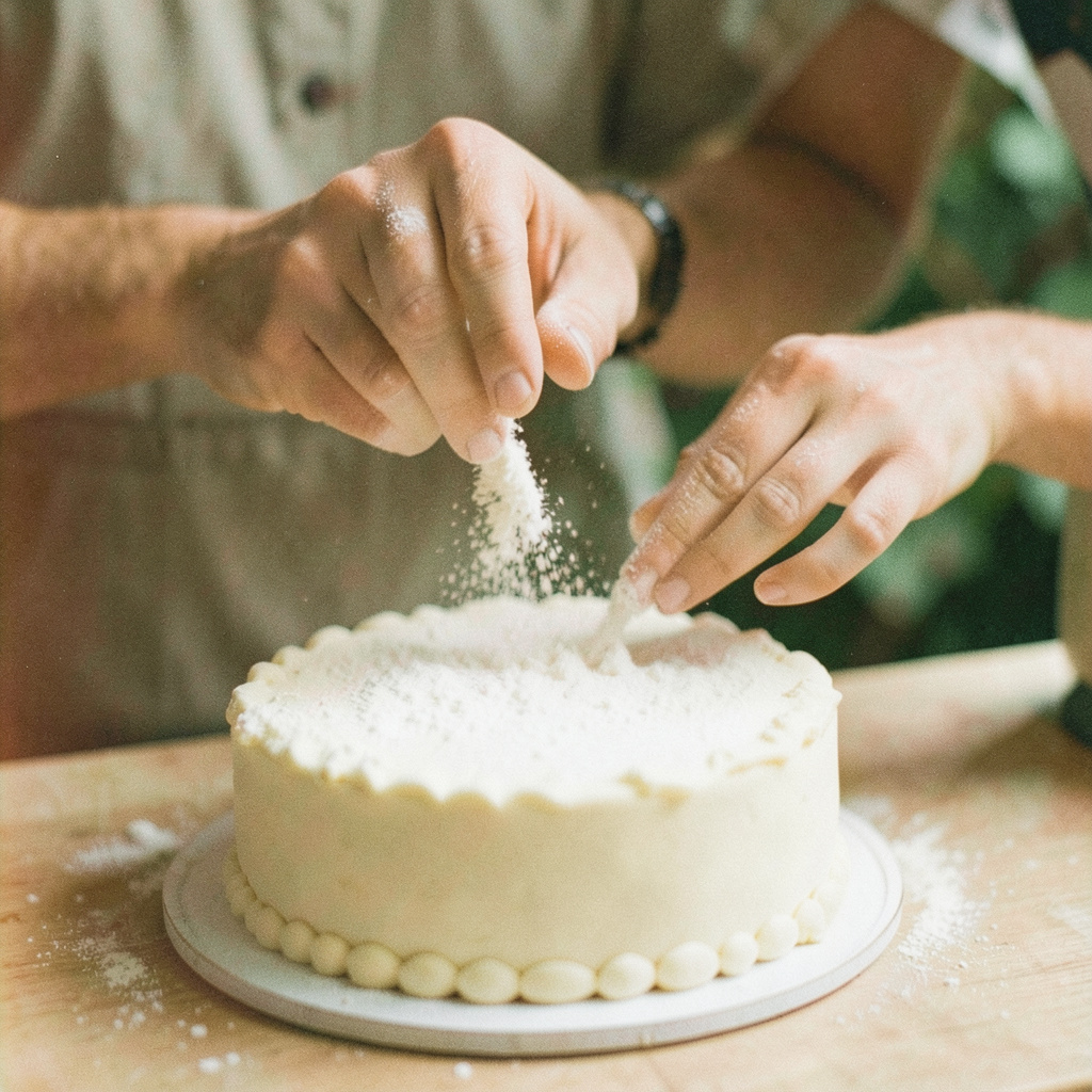 A decorator's hands dusting a fondant-covered cake with powdered sugar, soft focus background, earthy green and cream tones