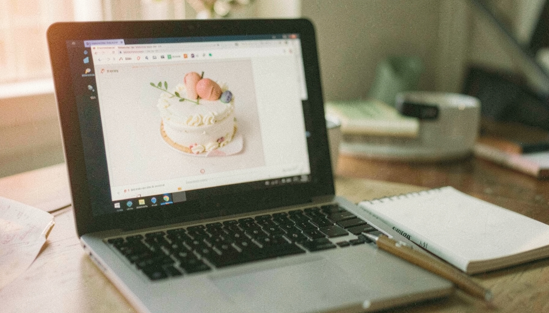 A close-up film photograph of a laptop screen displaying a cake decorating tutorial, with a notebook and pen beside it on a desk; soft natural light, muted beige and sage green palette.