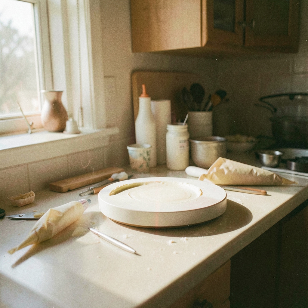 A sunlit kitchen workspace with cake decorating tools, piping bags, and a turntable, warm cream and olive tones, analog film grain